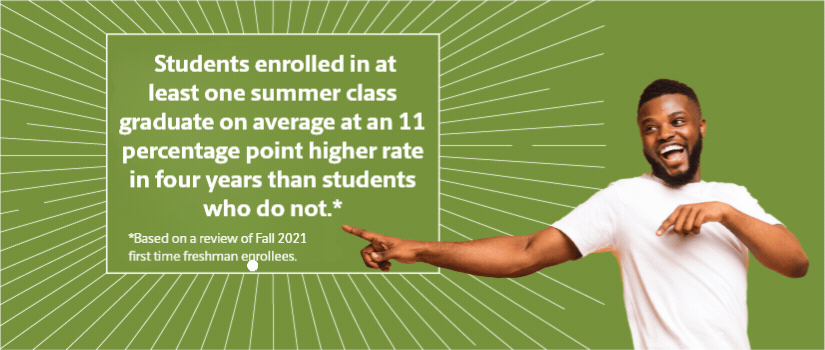 Man pointing at a rotation of quotes; "Students enrolled in at least one summer class graduate on average at an 11 percentage point higher rate in four years than students who do not. (Based on a review of Fall 2021 first time freshman enrollees.)"; "I loved my summer experience. My teachers were very helpful and informative. I also enjoyed the structure of my summer courses."; "It was good and it ended up working out with my schedule and being able to balance my school and work schedule, and social life."; "It was an intense 6 weeks, but it allowed me to see my potential. My professors were good and were transparent."