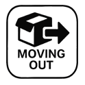 Black and white icon of an open box with an arrow pointing right and the words ‘Moving Out,’ representing the moving-out process.