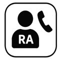 Black and white icon of a person labeled ‘RA’ with a telephone receiver, representing Resident Assistant on duty contact.