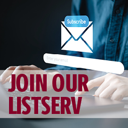 image shows a person typing on a keyboard with an envelope above that says "subscribe" and a block that says "enter your email." text over image says "join our listserv"