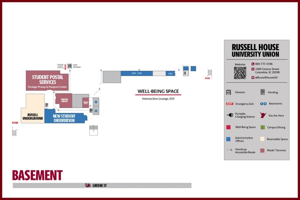 Russell House Basement Map showing Russell Undeground, NSO, Postal Services, Printing Services, Admin offices, and well-being pace with legend. 