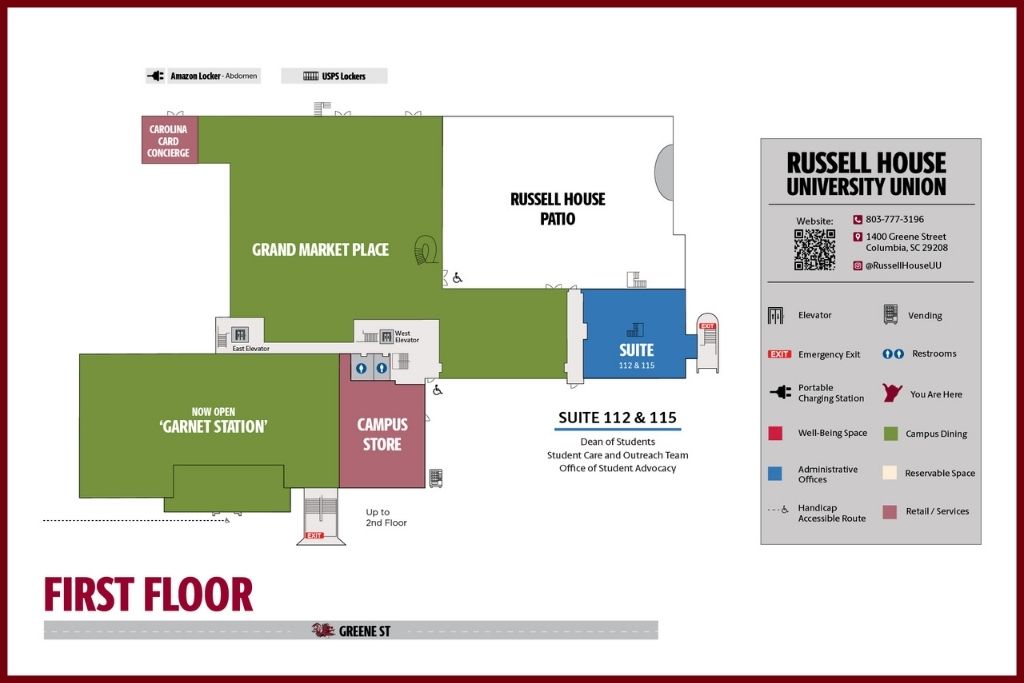Map of the first floor of the Russell House University Union showing the Grand Market Place, Garnet Station, Campus Store, Suites 112 and 115, and key building amenities. with Garnet Border.