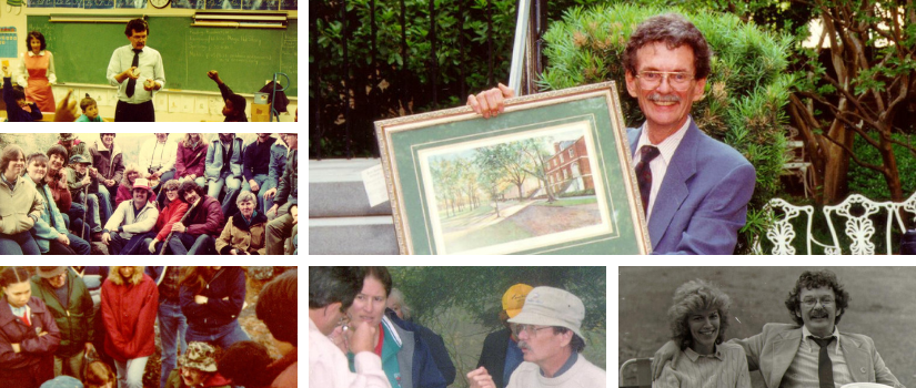 Collage of archival photos showing a science educator teaching elementary students, leading outdoor learning activities, posing with a framed campus illustration, and interacting with groups of students and colleagues during field trips and classroom demonstrations.