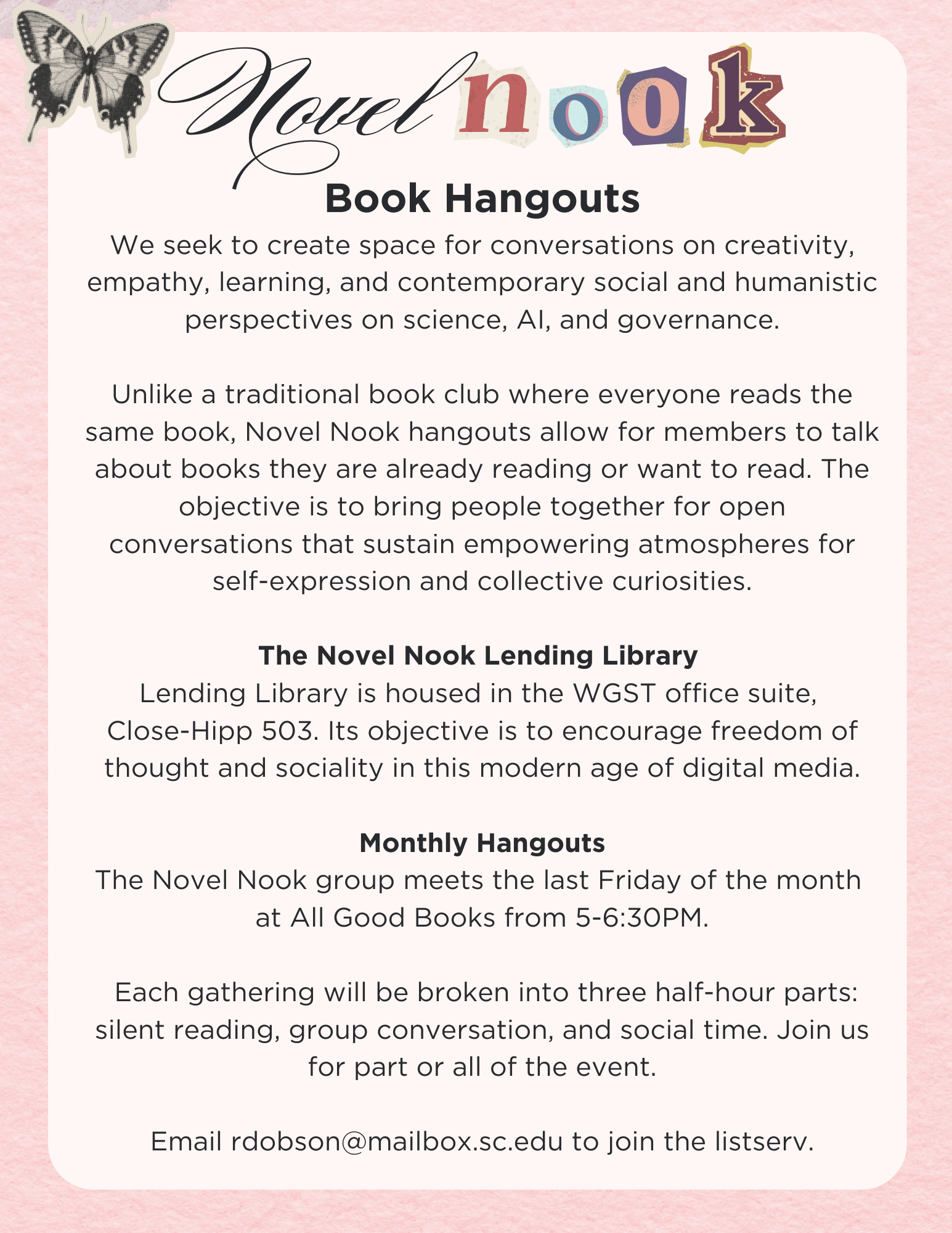 flyer for Novel Nook: Book Hangouts