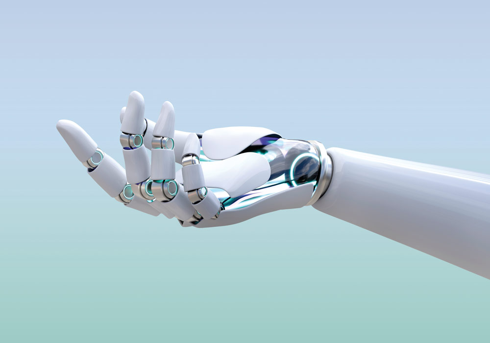 A robotic hand with its palm facing up on a cool gradated background.