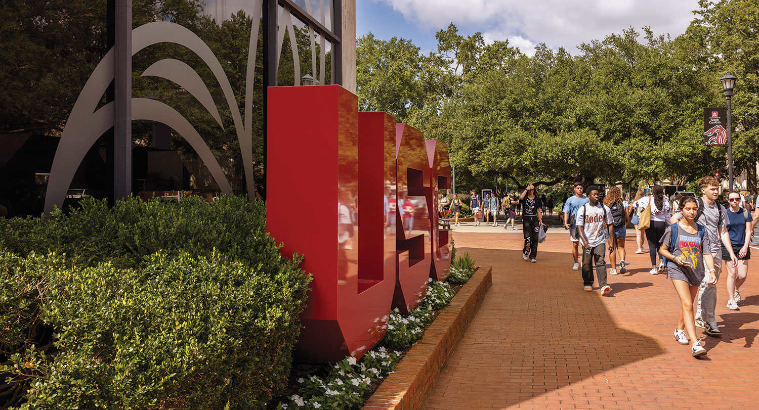 One of the newest installations of large metal USC letters in front of the Russell House. 