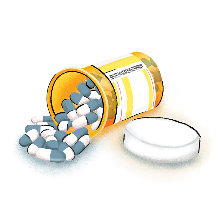 An illustration of a pill bottle with pills spilling out.